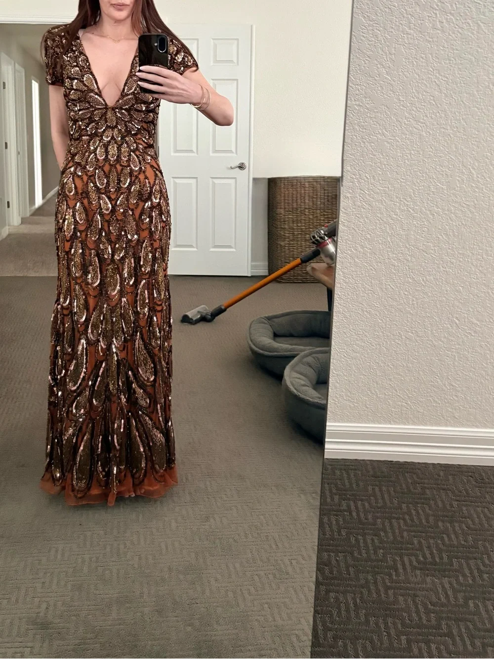 Mac Duggal Brown Beaded V-Neck Cap Sleeve Maxi Gown - Picture 3 of 3